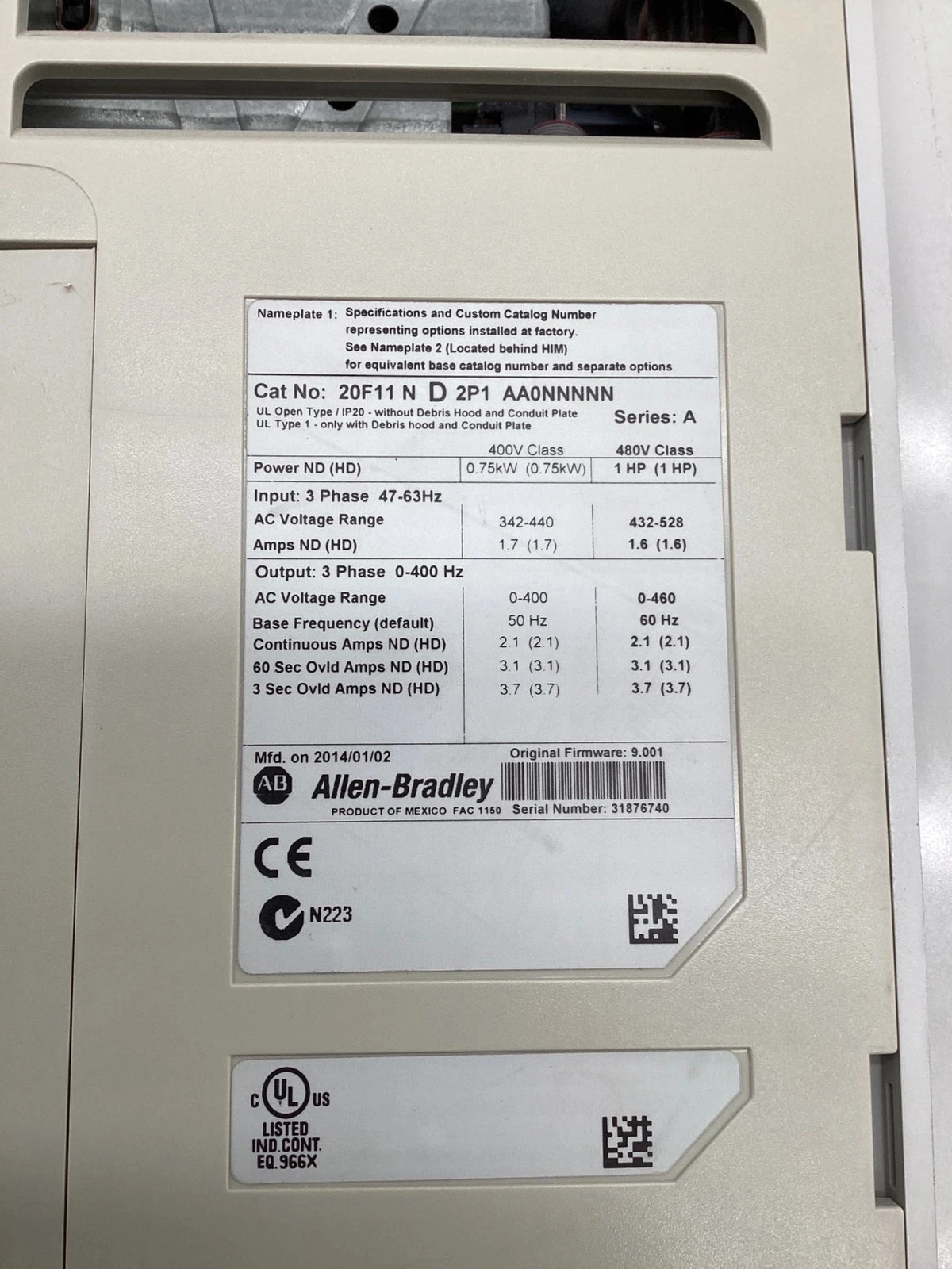 ALLEN-BRADLEY 20F11ND2P1AA0NNNNN PowerFlex 753 AC Drive USED. - Image 6