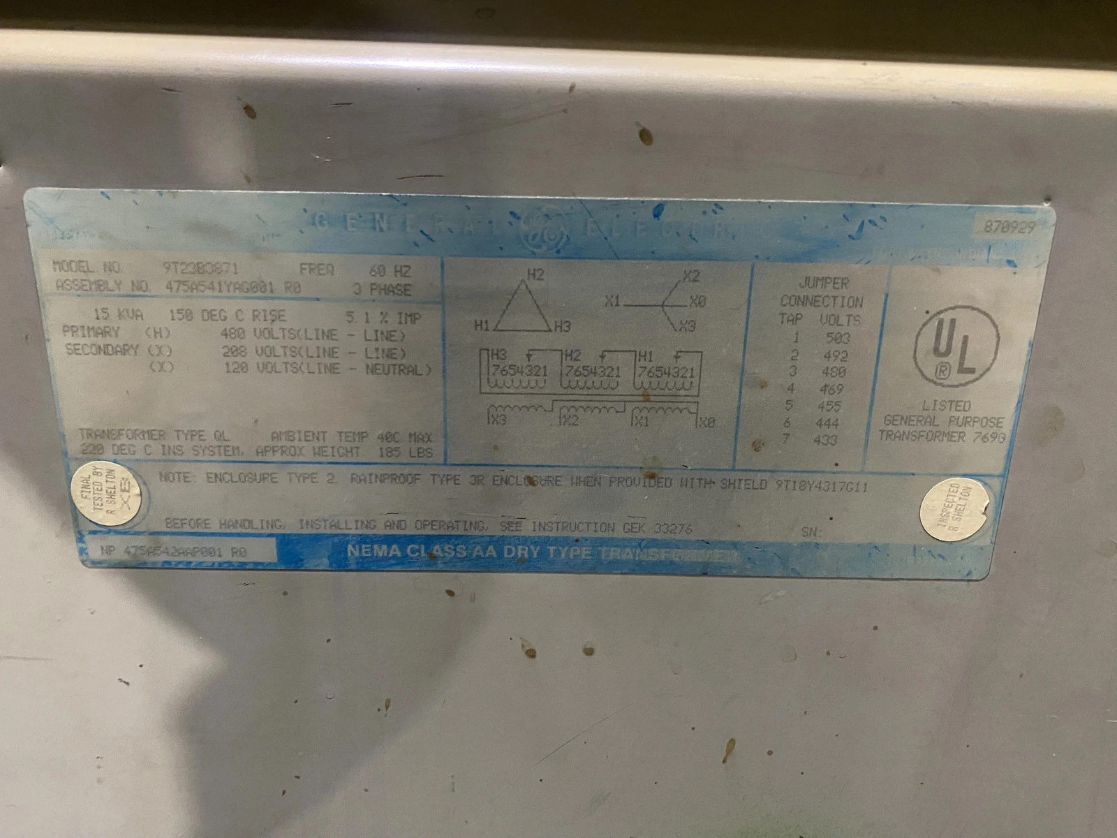 GENERAL ELECTRIC 9T23B3871 15 kVA Dry Type Transformer USED - Image 4