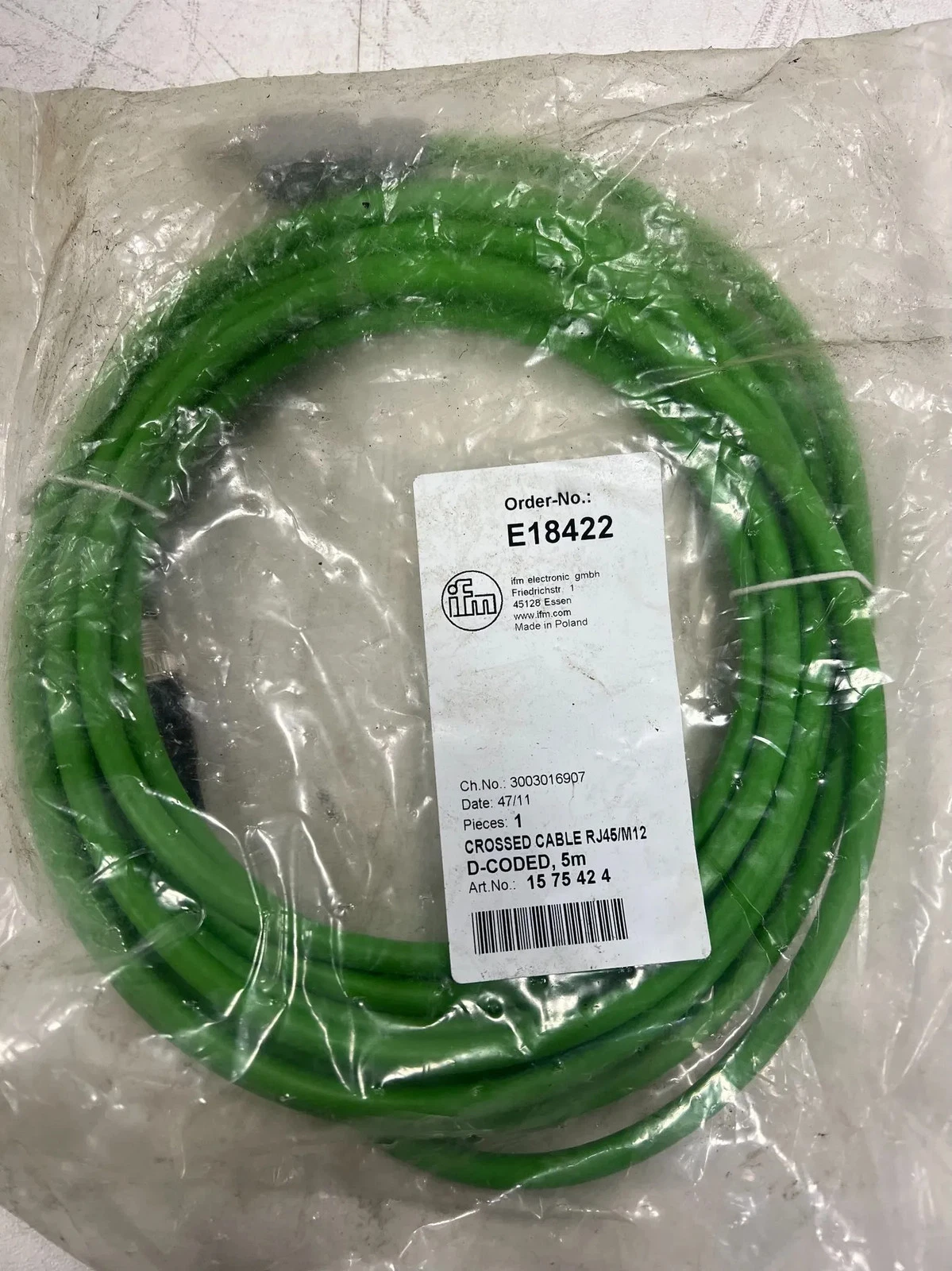 IFM E18422 M12 D-Coded to RJ45 Industrial Ethernet Cable 5 m NEW - Image 3