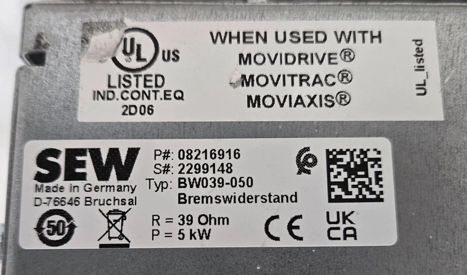 SEW BW039-050 BRAKE RESISTOR USED - Image 4