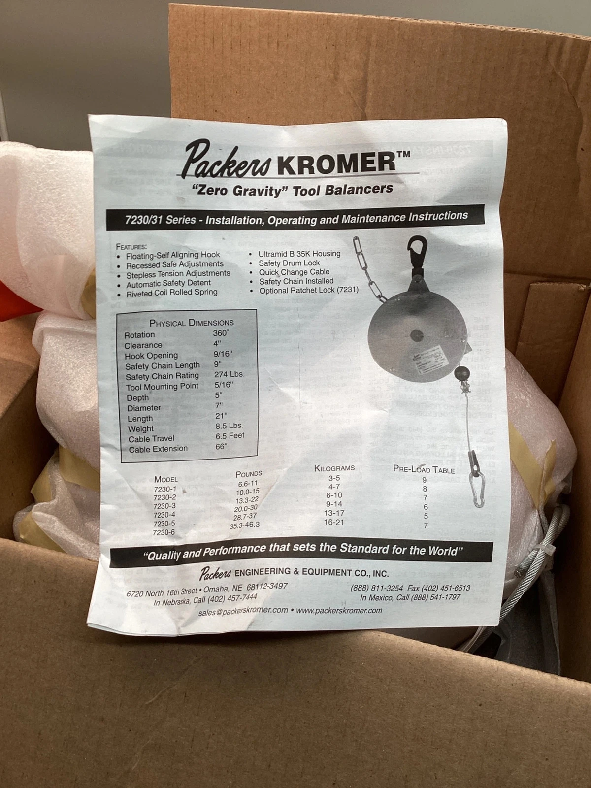 PACKERS KROMER 7230-3 ZERO GRAVITY TOOL BALANCER 13–22LB 6.6FT NEW - Image 2