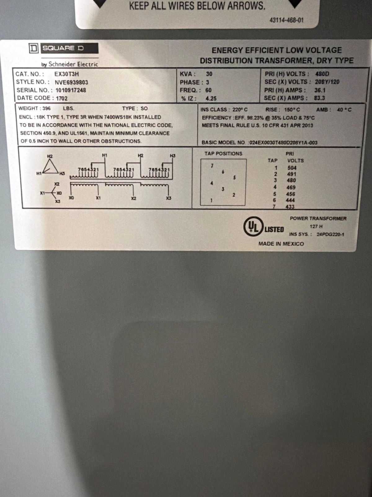 SQUARE D EX30T3H 30kVA Dry-Type Distribution Transformer 480D – 208Y/120V USED - Image 4