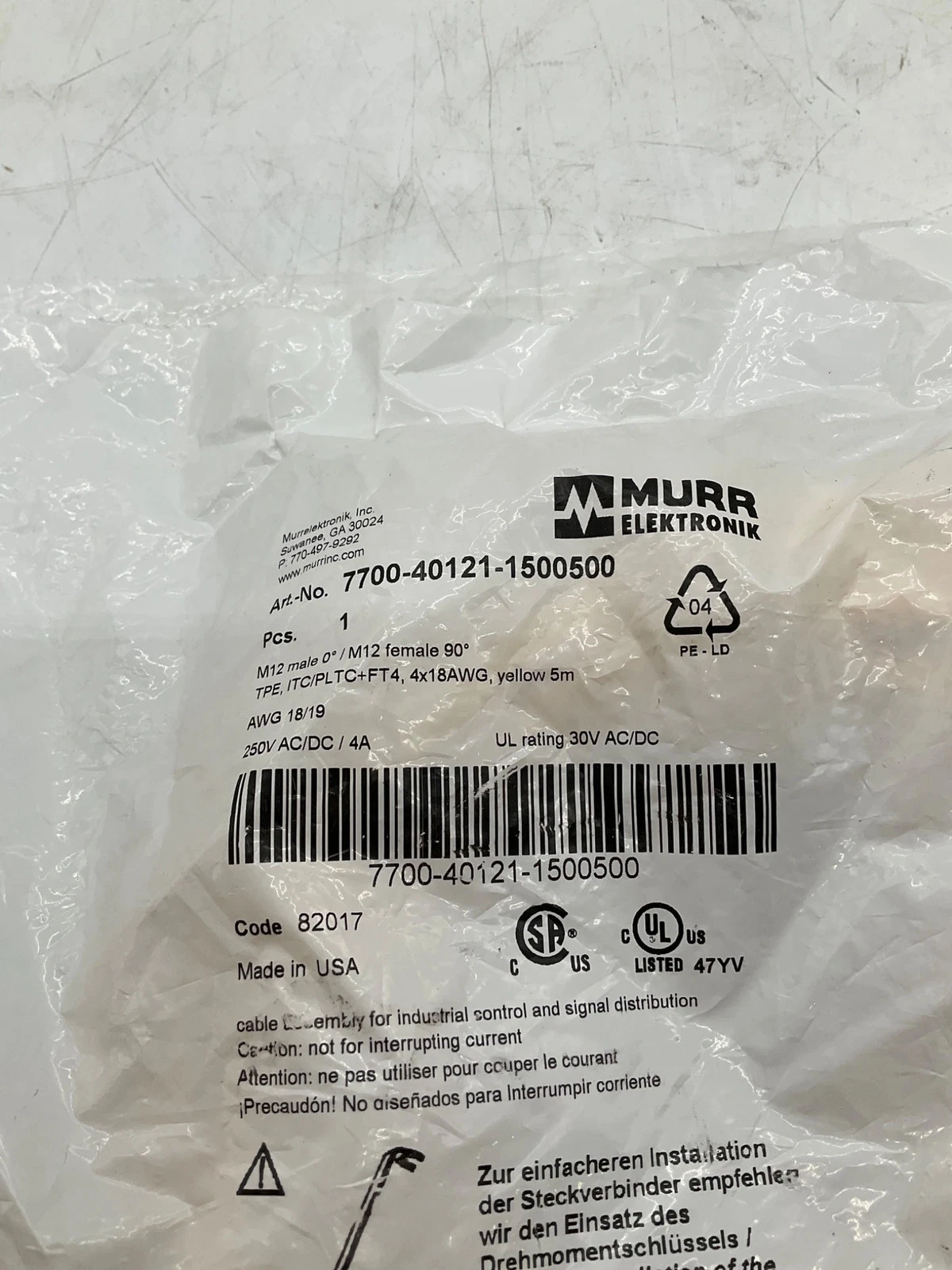 MURR ELEKTRONIK 7700-40121-1500500 M12 A-Coded Male to Female 90° Cordset 5M NEW - Image 2