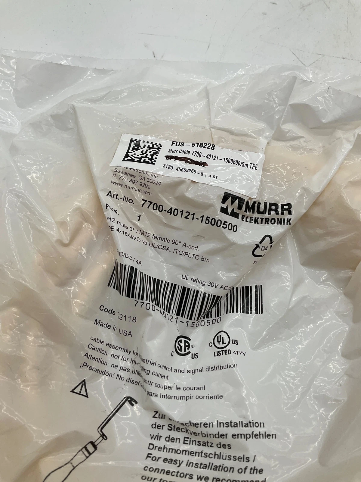 MURR ELEKTRONIK 7700-40121-1500500 M12 Male to M12 Female 90° A-Coded Cordset 5M NEW - Image 2