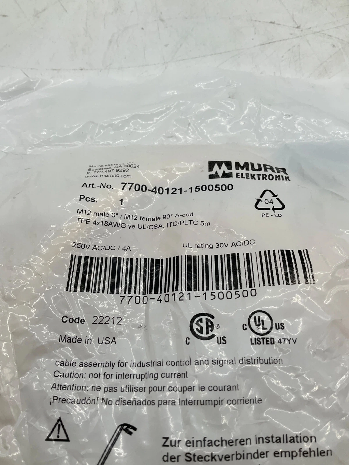 MURR ELEKTRONIK 7700-40121-1500500 M12 A-Coded Male to Female 90° Cordset 5M NEW - Image 2