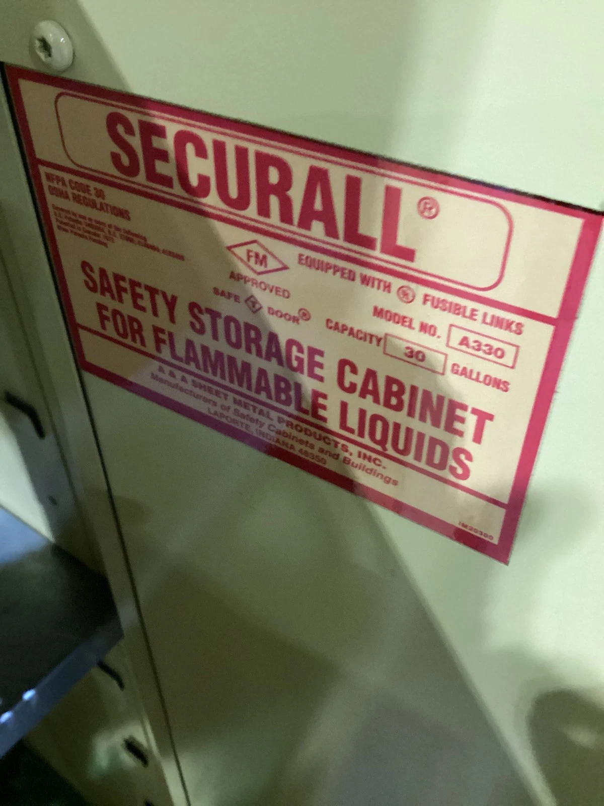 SE-CUR-ALL A330 30 Gallon Flammable Liquid Safety Storage Cabinet USED - Image 6