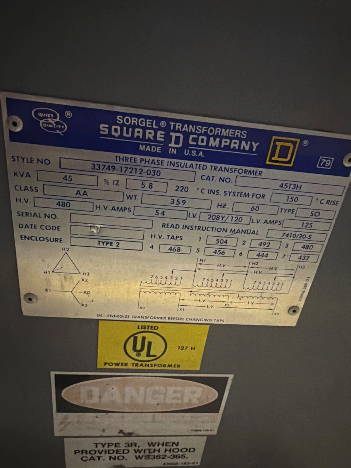 SQUARE D 45T3H 45 KVA 3-Phase Insulated Transformer 480V - 208Y/120V USED - Image 6