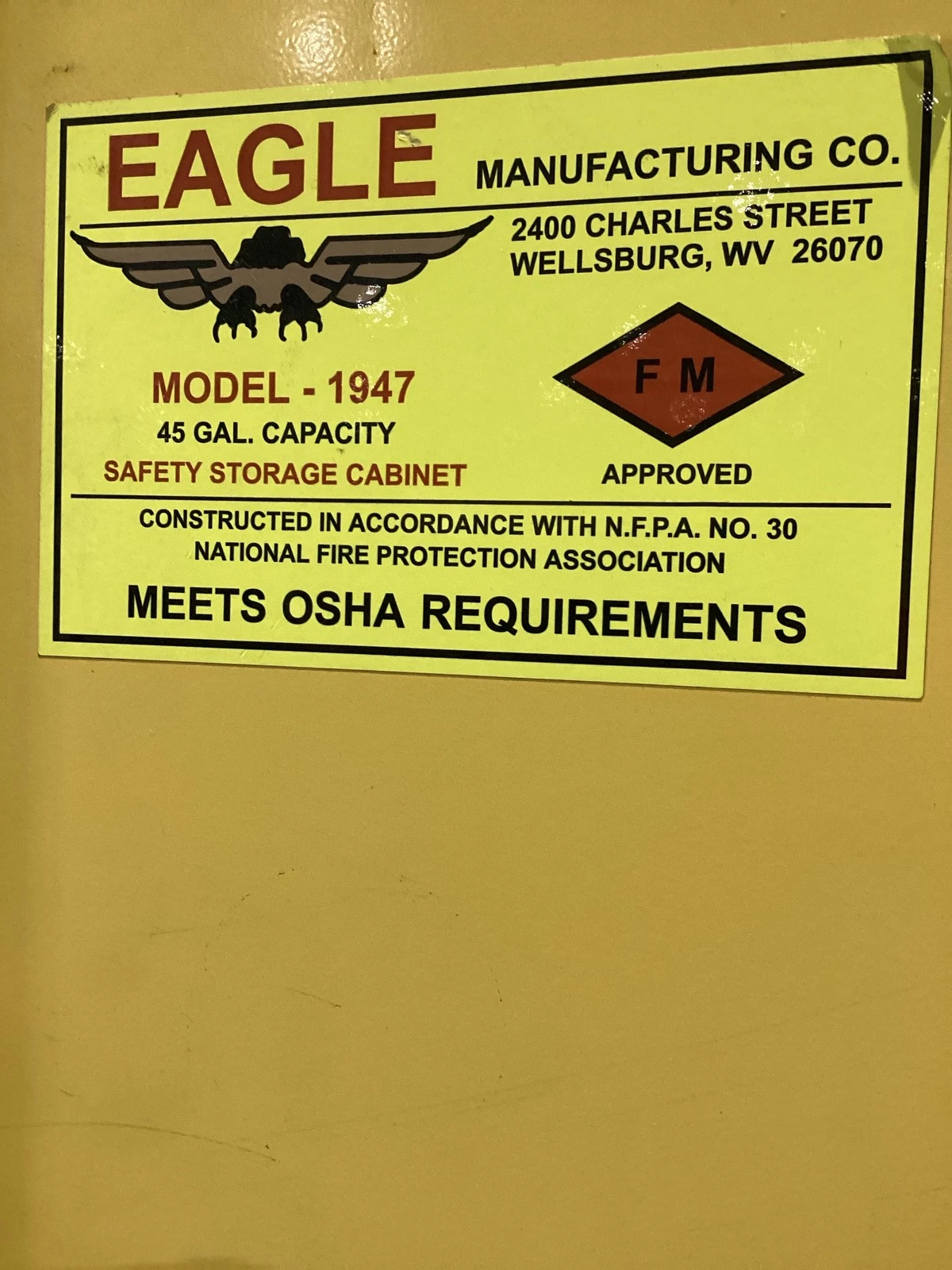 Eagle 1947 45 Gallon Flammable Safety Storage Cabinet USED - Image 2
