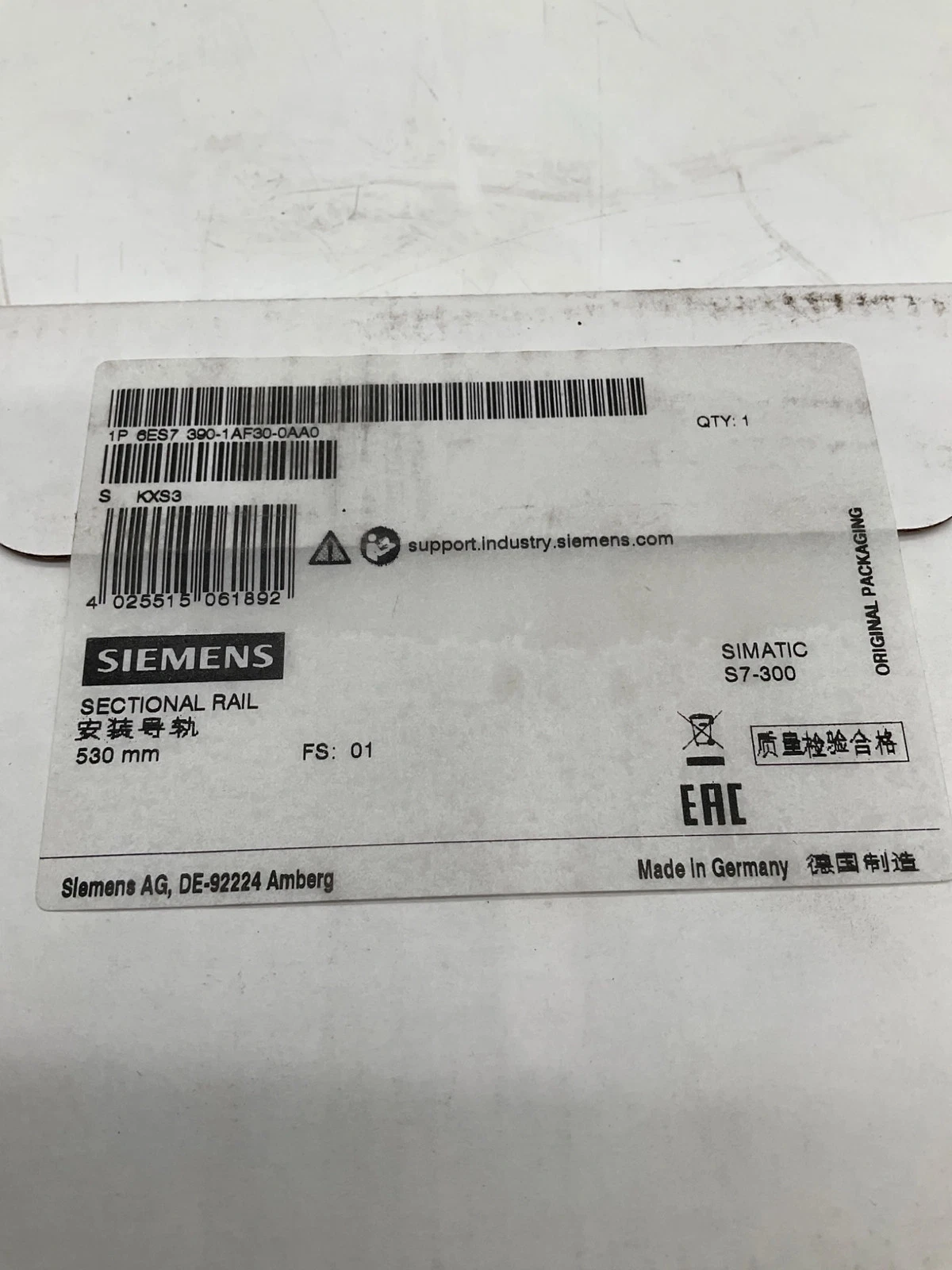 SIEMENS 6ES7 390-1AF30-0AA0 Sectional Rail 530mm NEW - Image 3