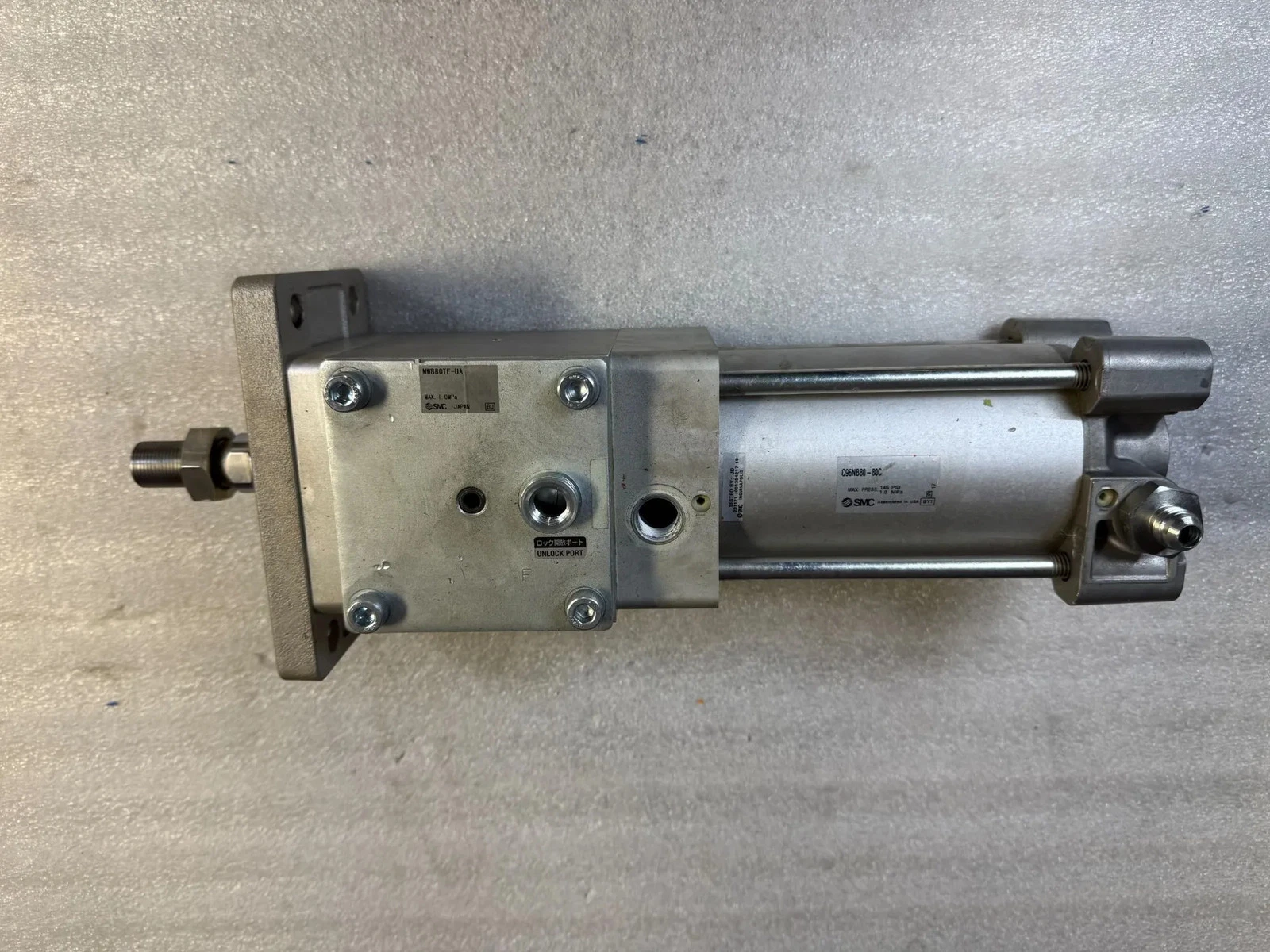 SMC C96NB80-80C Pneumatic Cylinder w/ MWB80TF-UA Lock-Up Unit USED - Image 3