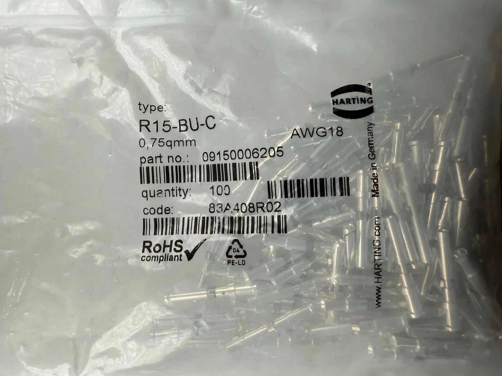 HARTING 09150006205 R15-BU-C Crimp Contact NEW (100-Pack) - Image 2