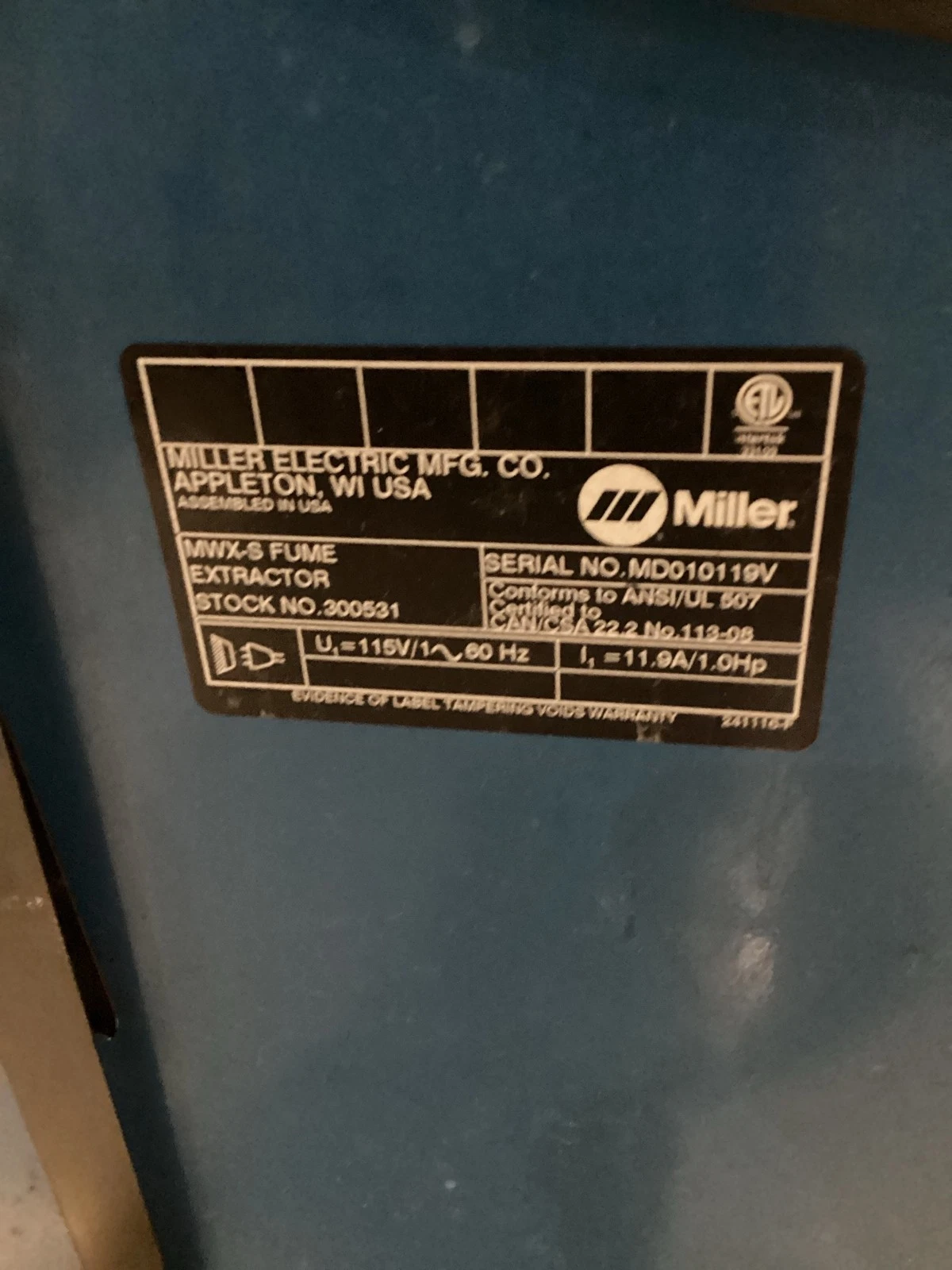 Miller MWX-S FILTAIR 1HP Mobile Welding Fume Extractor 115V USED - Image 6