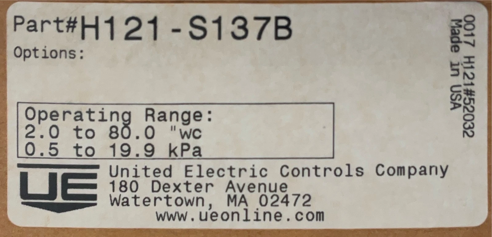 United Electric H121-S137B 2-80" WC Pressure Switch 15A 480VAC NEW - Image 2