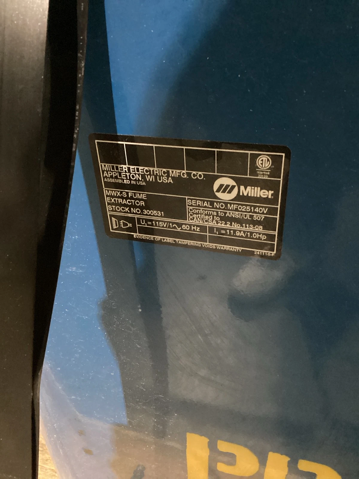 Miller MWX-S 300531 Welding Fume Extractor 115V 1 HP USED - Image 4