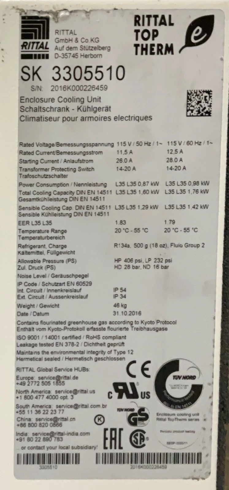 RITTAL SK 3305510 TopTherm Enclosure Cooling Unit 115V USED - Image 2